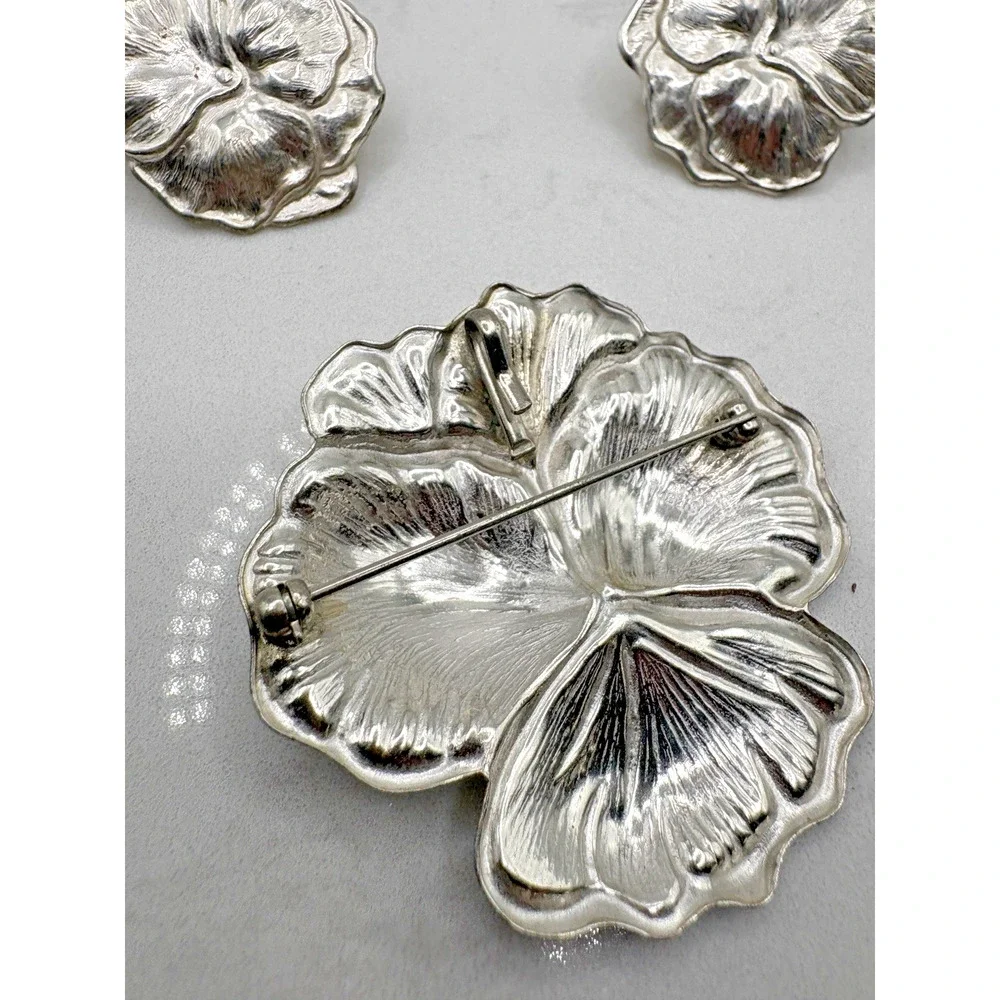 Set Earrings Brooch Pin Vintage Sterling Silver Repousse Pansy Flowers 14.26g